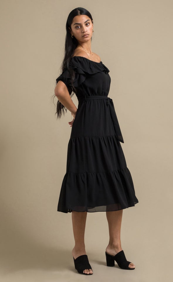 Chiffon Ruffle Off Shoulder Dress Black