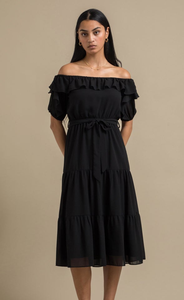 Chiffon Ruffle Off Shoulder Dress Black