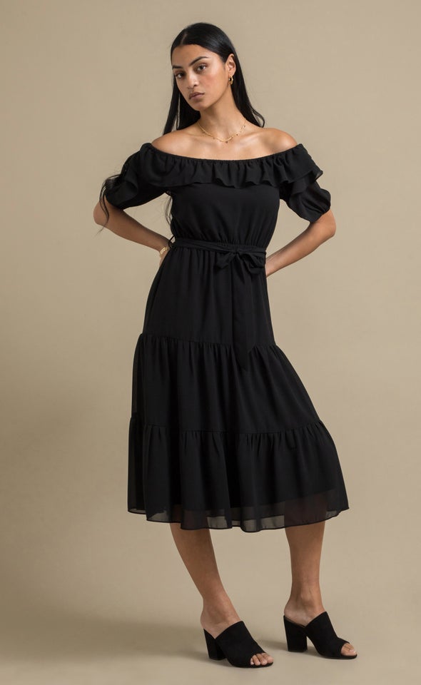 Chiffon Ruffle Off Shoulder Dress Black