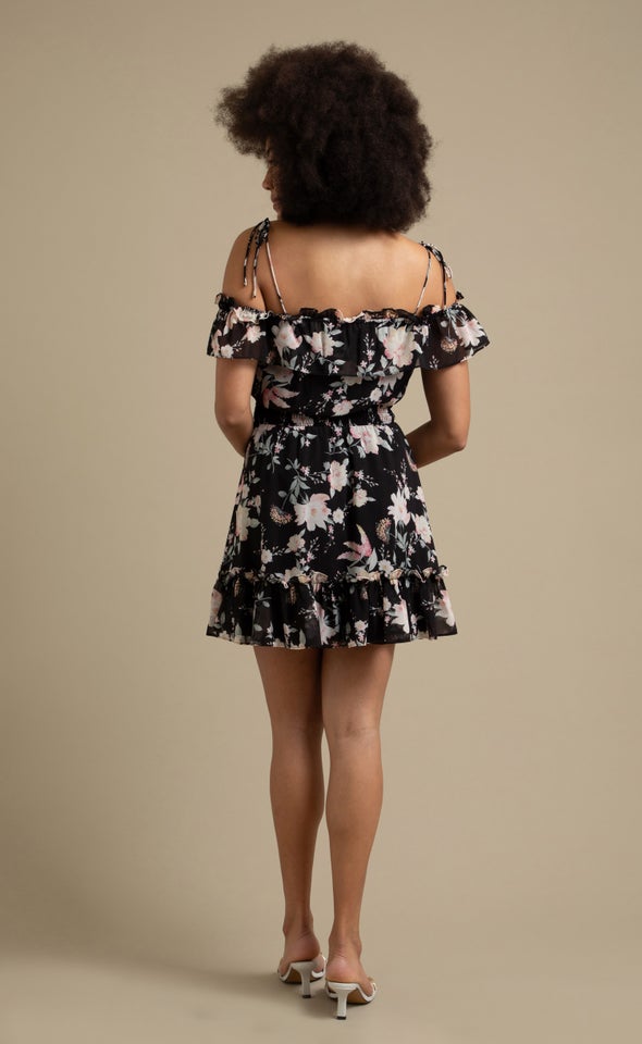 Chiffon Ruffle Off Shoulder Dress Black/pink Floral