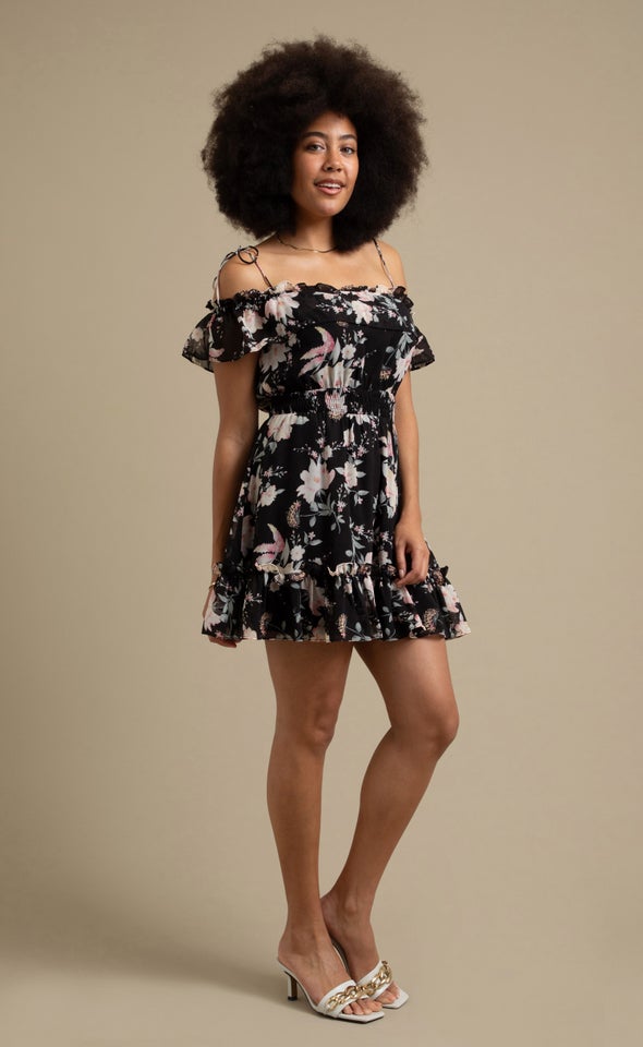 Chiffon Ruffle Off Shoulder Dress Black/pink Floral