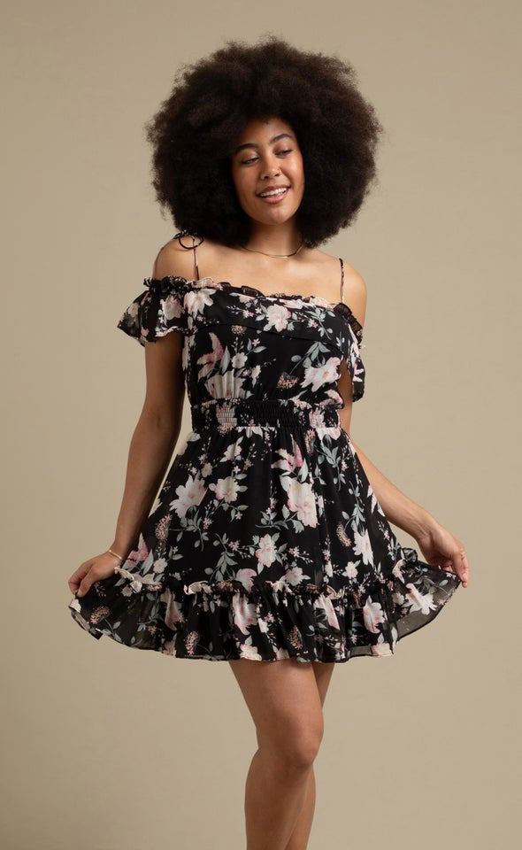 Chiffon Ruffle Off Shoulder Dress Black/pink Floral