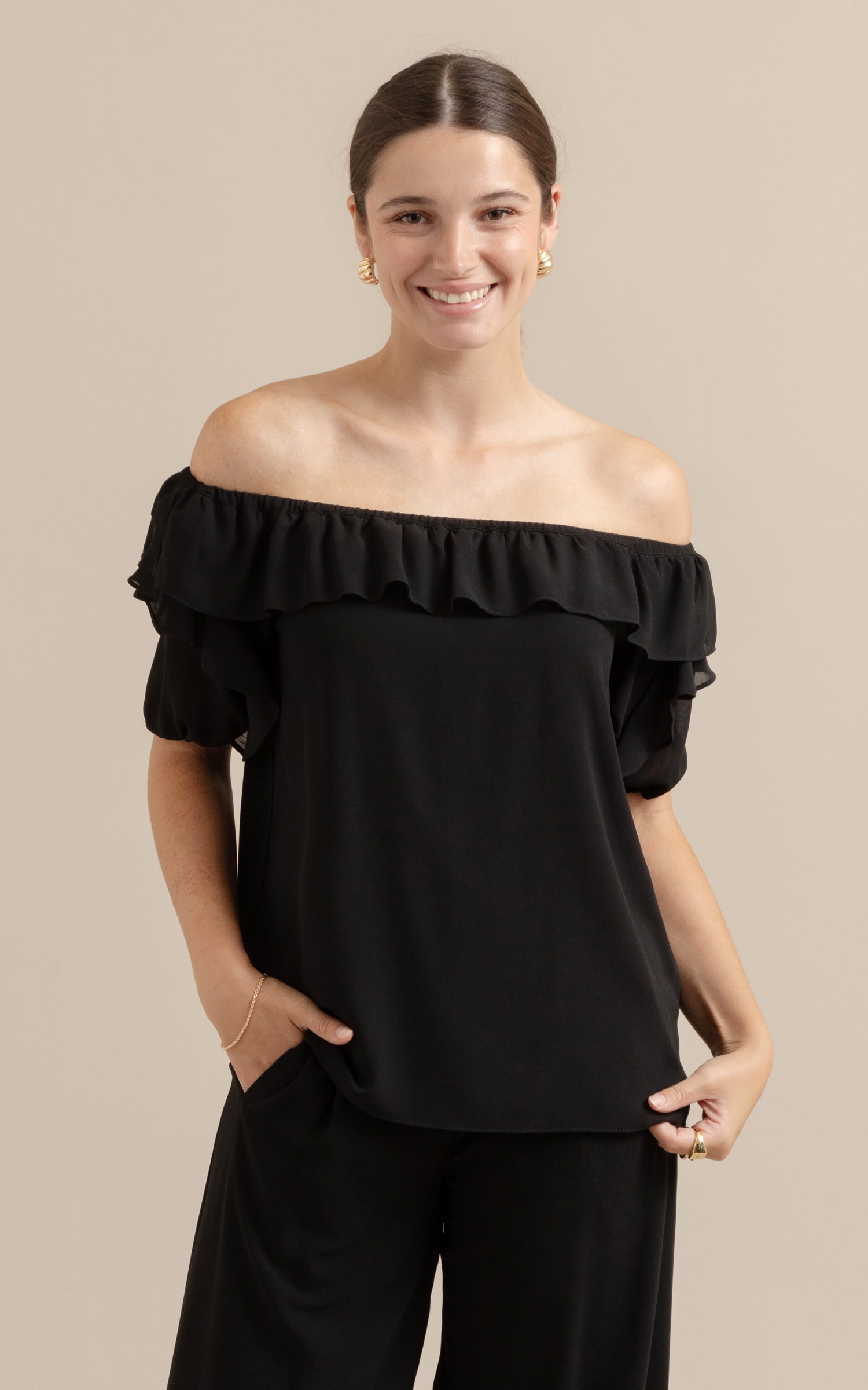 Black chiffon off the shoulder top online