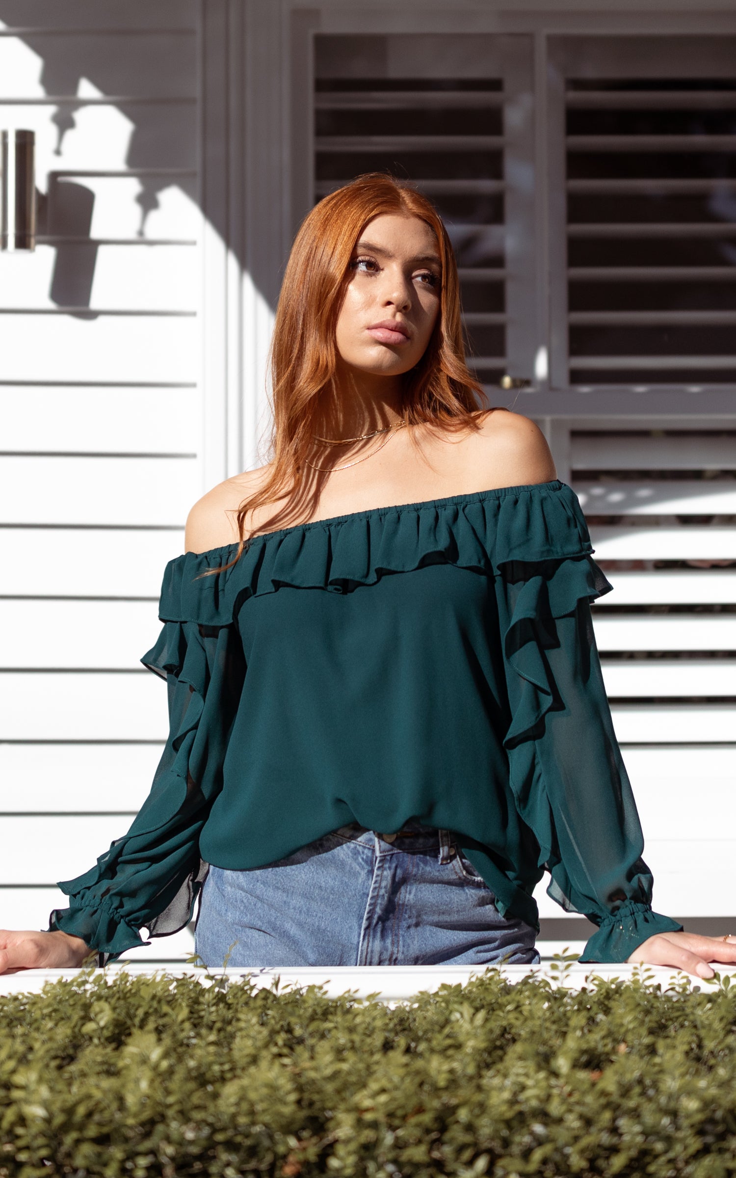 Chiffon Ruffle Off Shoulder Top Pagani   Chiffon Ruffle Off Shoulder Top Emerald Main 66483 