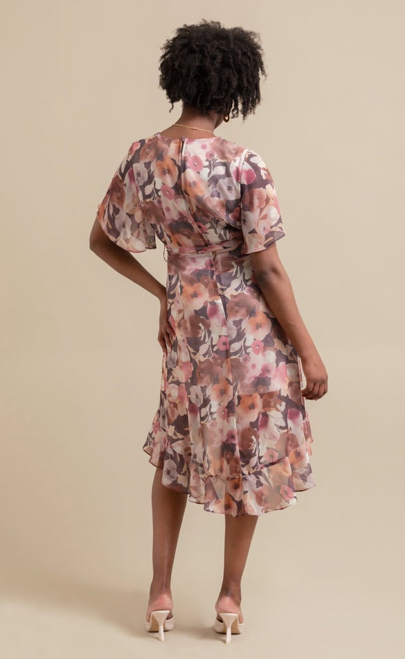 Chiffon Ruffle Wrap Midi Dress Aubergine/floral