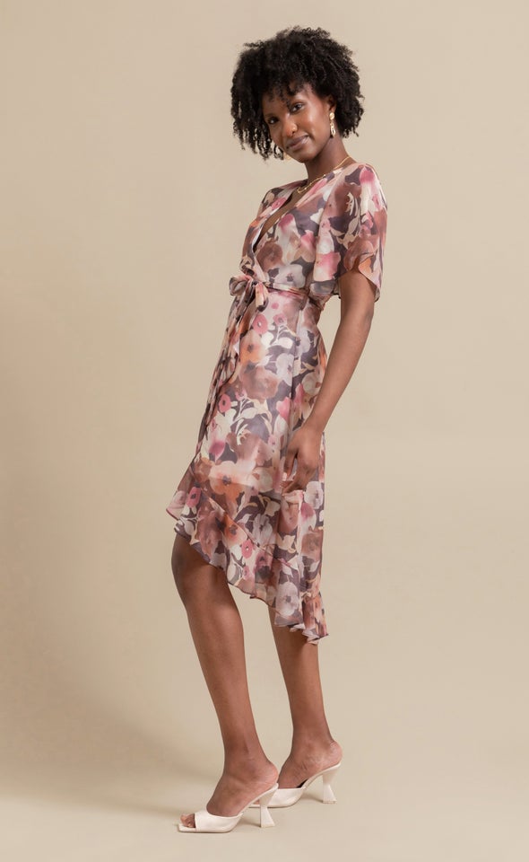 Chiffon Ruffle Wrap Midi Dress Aubergine/floral