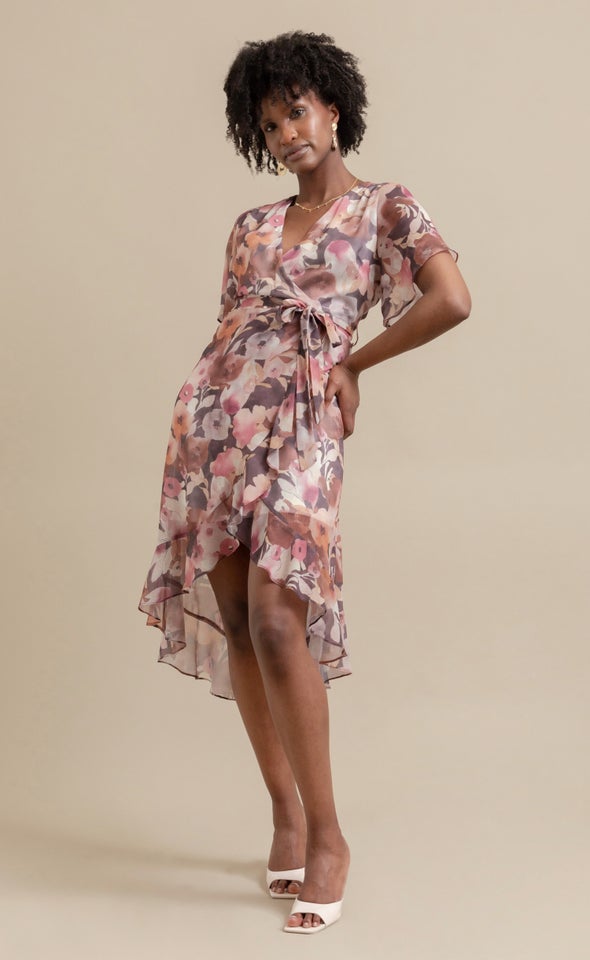 Chiffon Ruffle Wrap Midi Dress Aubergine/floral