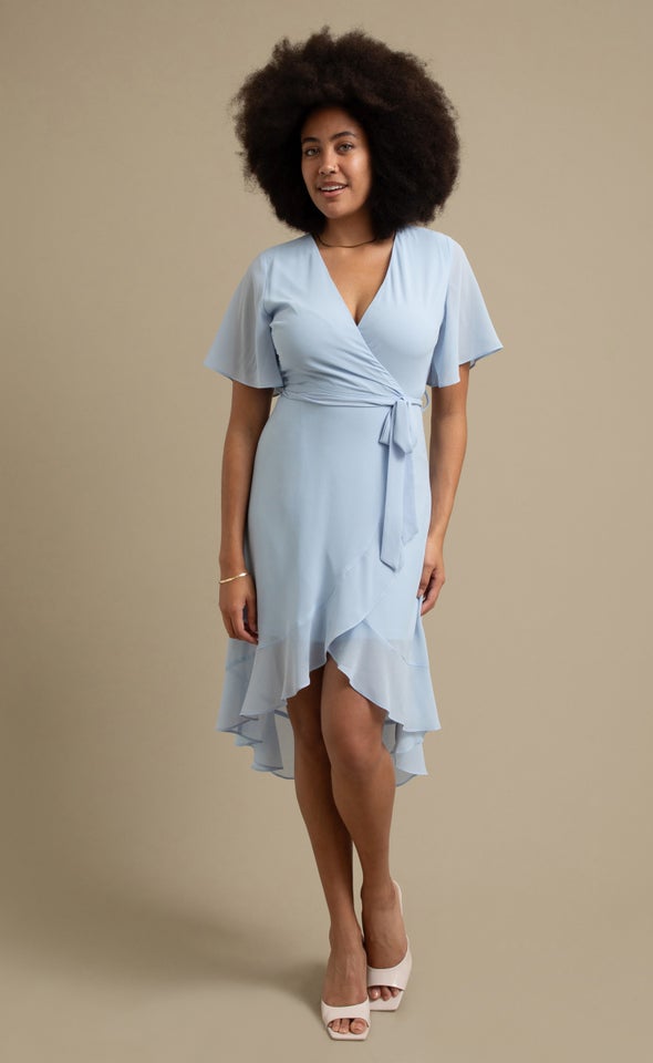 Chiffon Ruffle Wrap Midi Dress Soft Blue