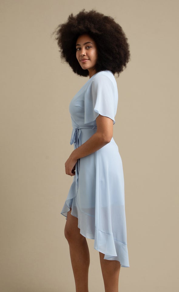 Chiffon Ruffle Wrap Midi Dress Soft Blue