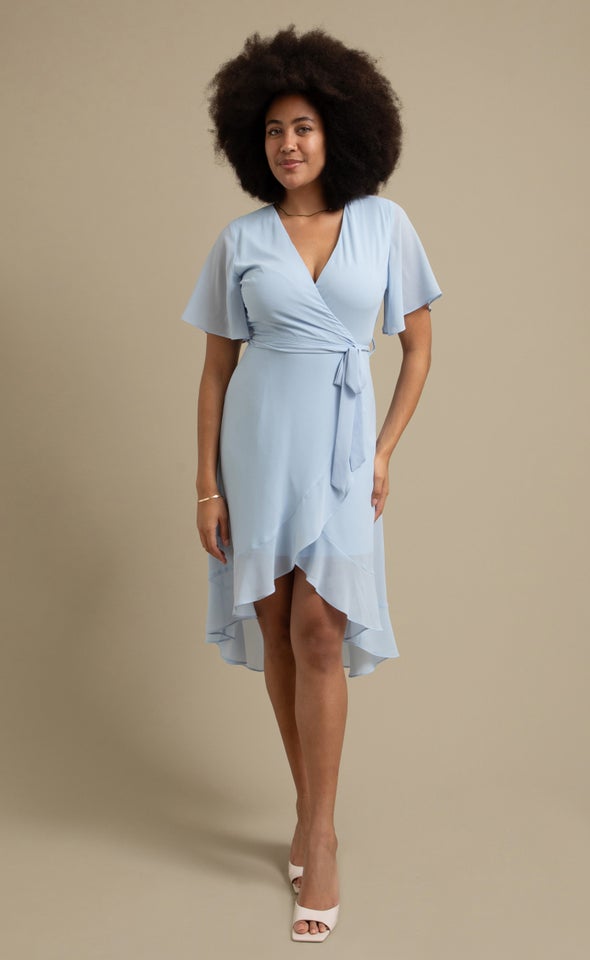 Chiffon Ruffle Wrap Midi Dress Soft Blue