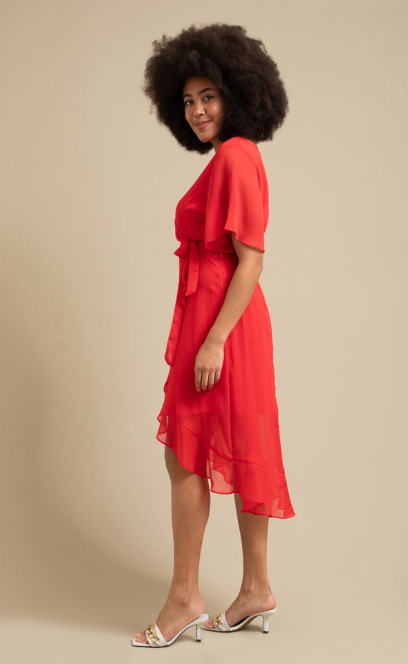 Chiffon Ruffle Wrap Midi Dress Tangerine