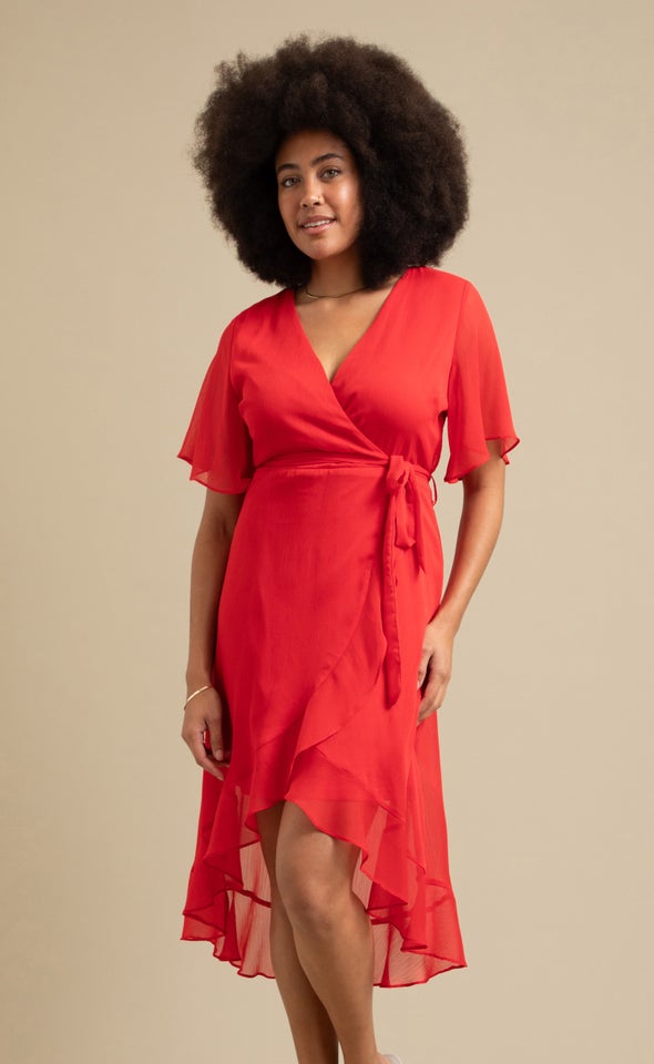 Chiffon Ruffle Wrap Midi Dress Tangerine