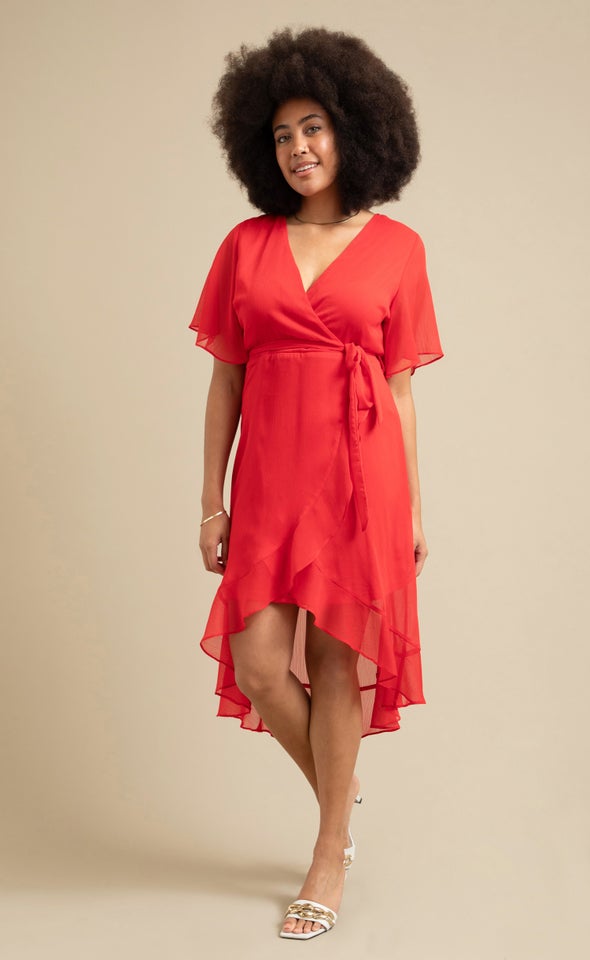 Chiffon Ruffle Wrap Midi Dress Tangerine