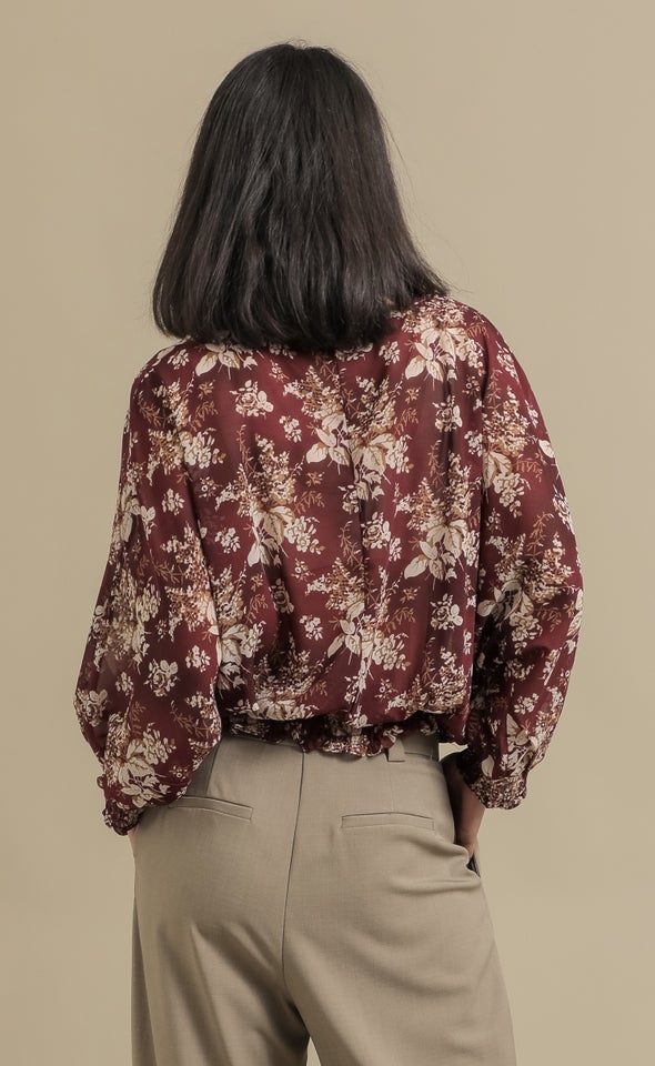 Chiffon Shirred Batwing Top Aubergine/floral