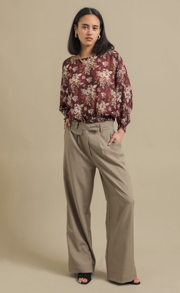 Chiffon Shirred Batwing Top Aubergine/floral