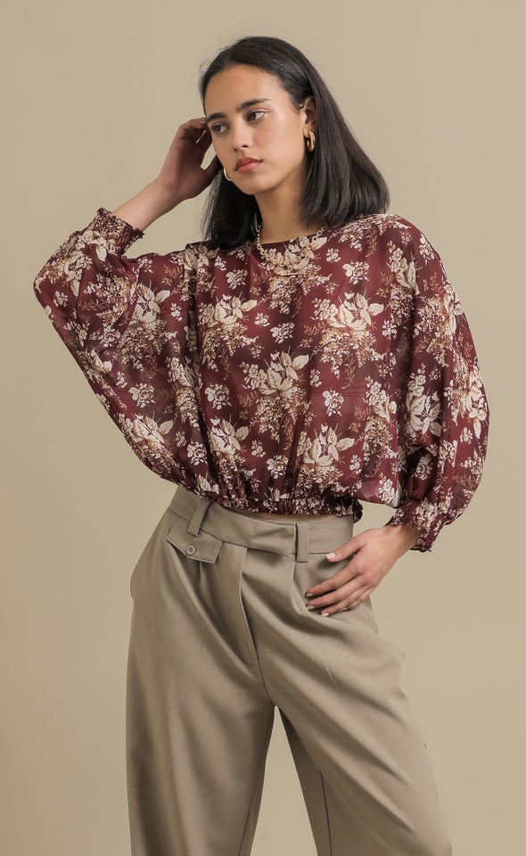 Chiffon Shirred Batwing Top Aubergine/floral