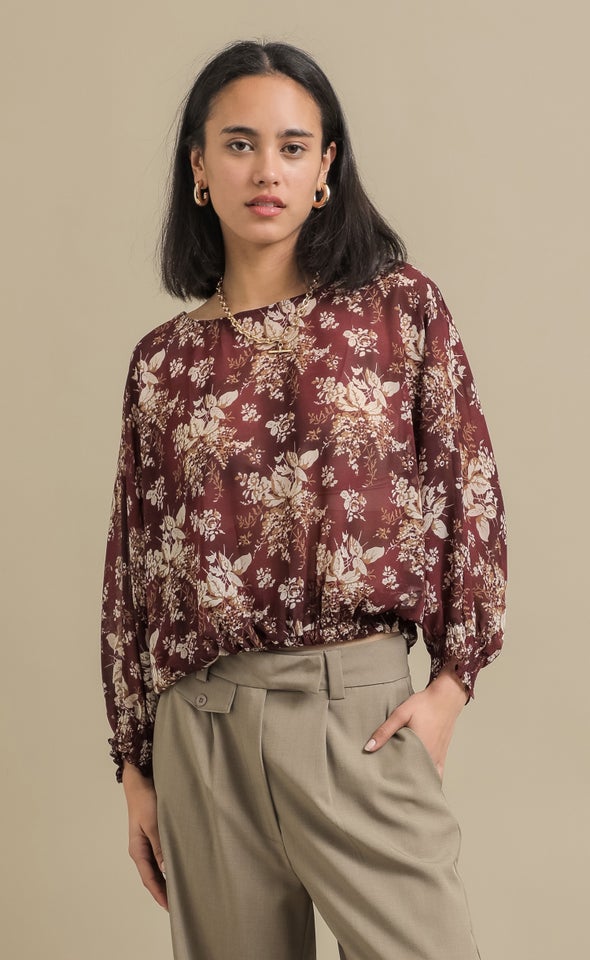 Chiffon Shirred Batwing Top Aubergine/floral