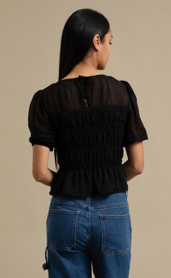 Chiffon Shirred Short Sleeve Top Black