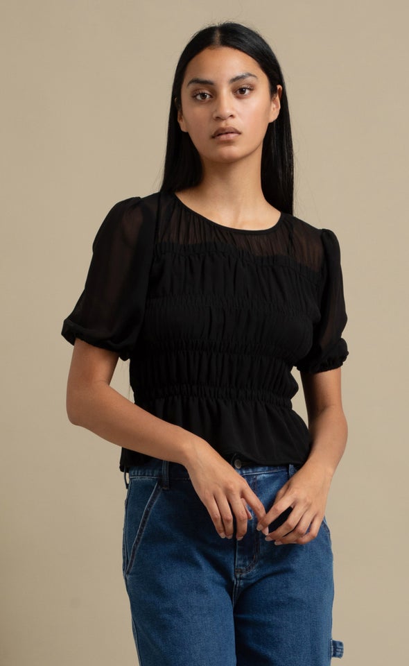 Chiffon Shirred Short Sleeve Top Black