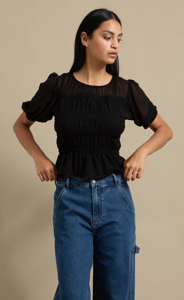 Chiffon Shirred Short Sleeve Top Black