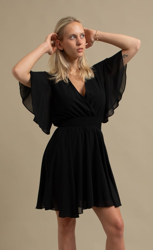 Chiffon Shirred Waist SS Dress Black