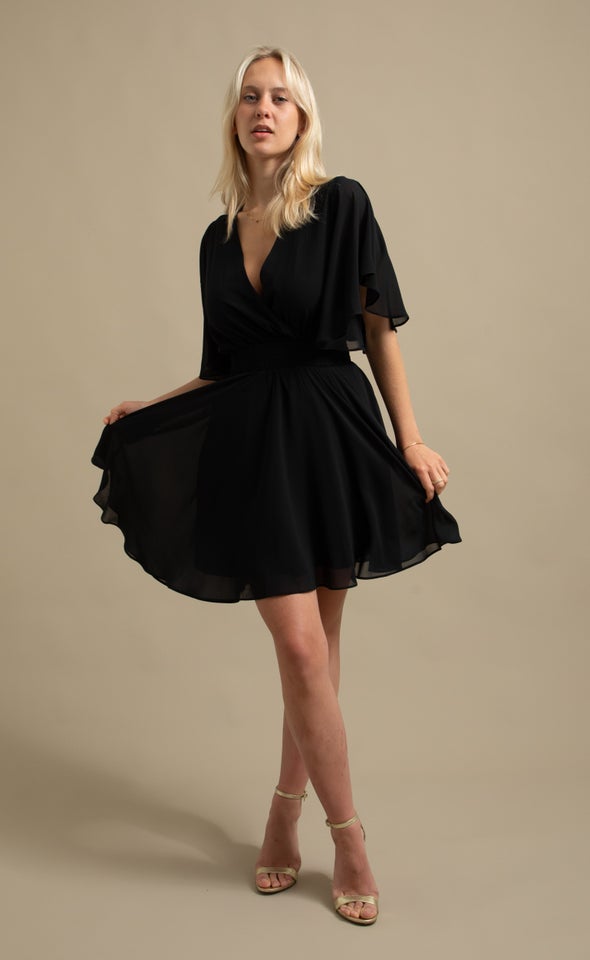 Chiffon Shirred Waist SS Dress Black