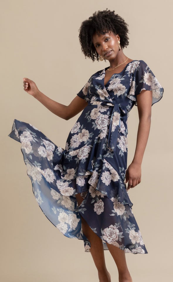 Chiffon Tier Ruffle Wrap Maxi Navy/floral