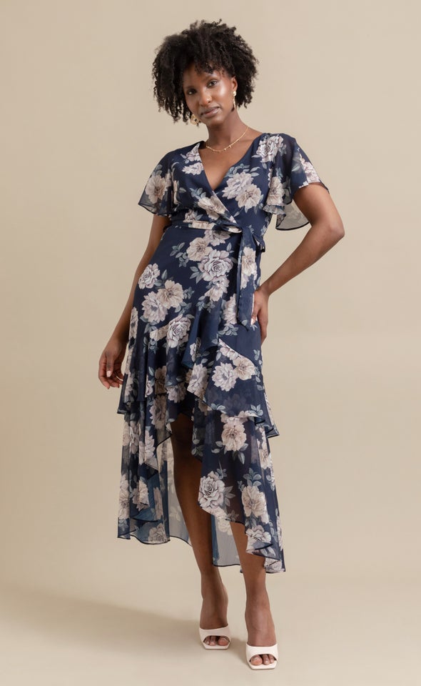 Chiffon Tier Ruffle Wrap Maxi Navy/floral