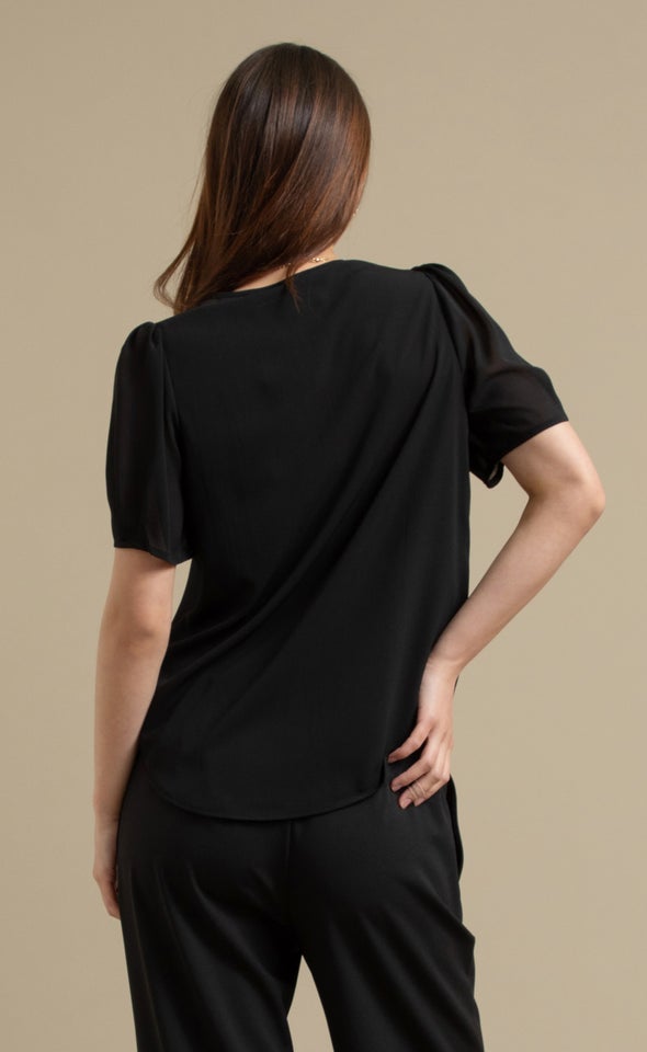 Chiffon V Neck Puff Sleeve Top Black