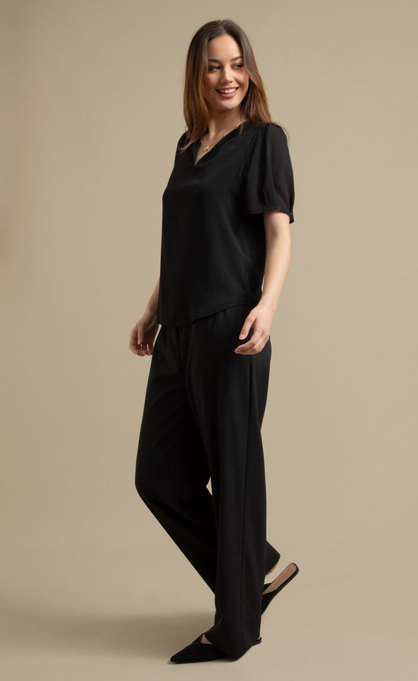 Chiffon V Neck Puff Sleeve Top Black