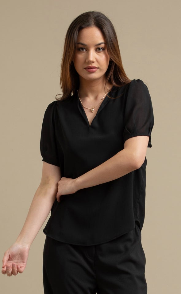 Chiffon V Neck Puff Sleeve Top Black