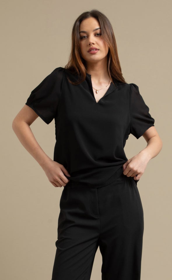 Chiffon V Neck Puff Sleeve Top Black