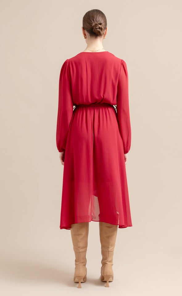 Chiffon Wrap Detail LS Midi Dress Red Wine