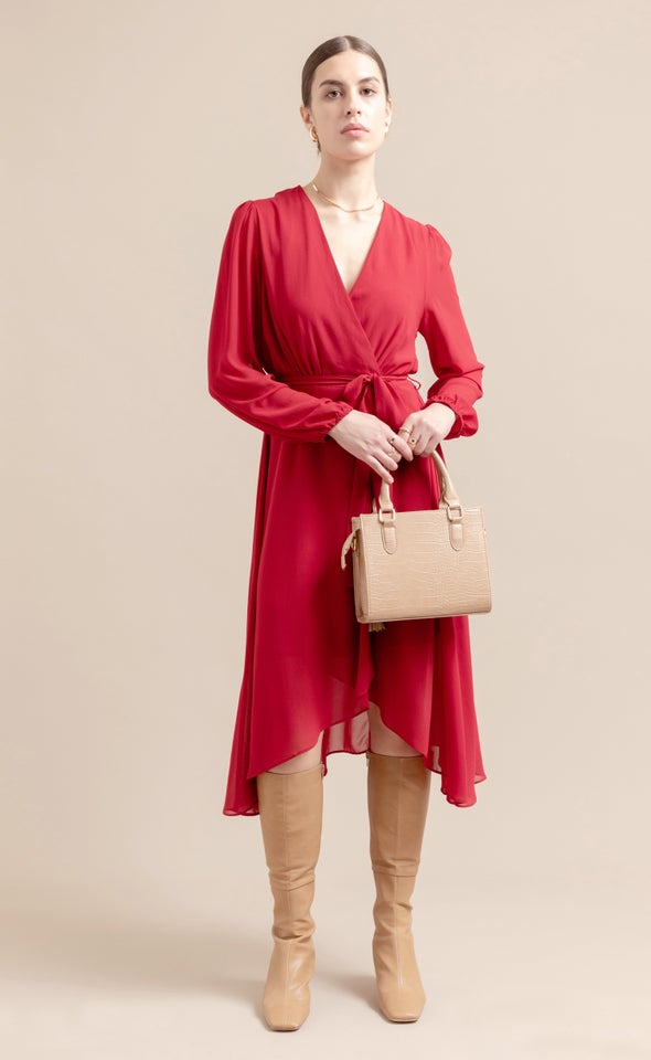 Chiffon Wrap Detail LS Midi Dress Red Wine