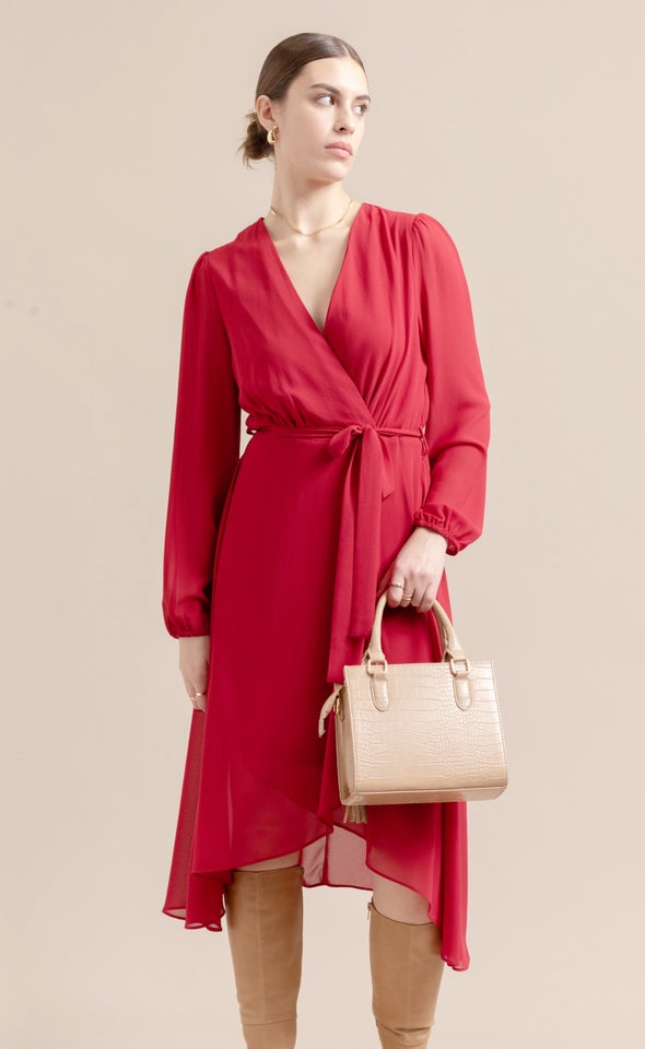 Chiffon Wrap Detail LS Midi Dress Red Wine