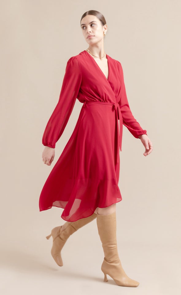 Chiffon Wrap Detail LS Midi Dress Red Wine