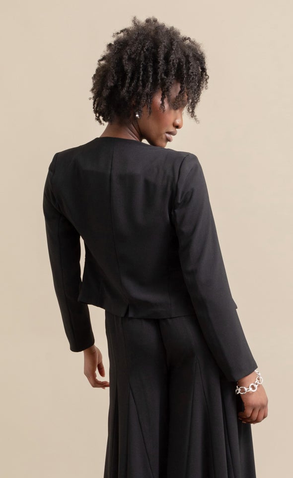 Collarless One Button Blazer Black