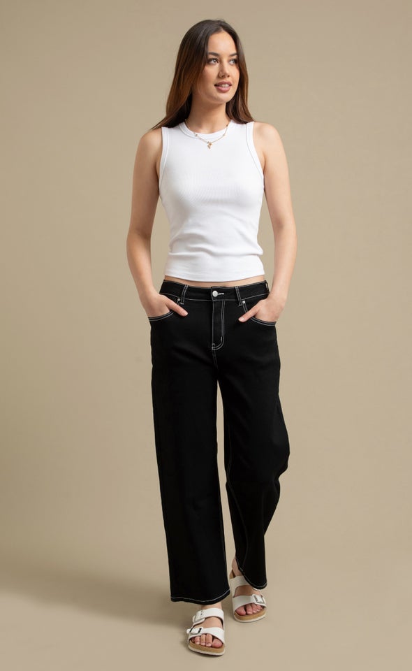 Contrast Stitch Wide Leg Jeans Black