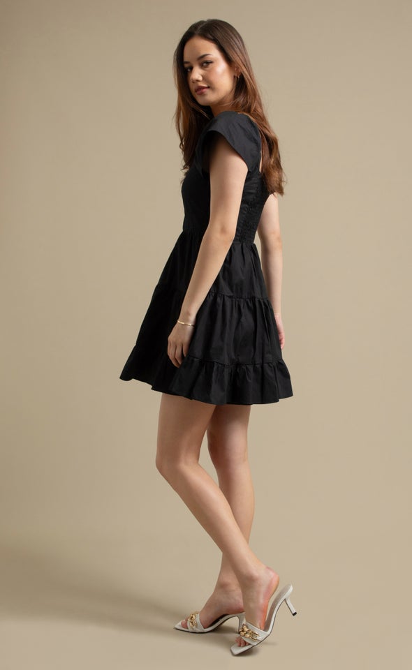 Cotton Flutter Slv Tier Dress Black