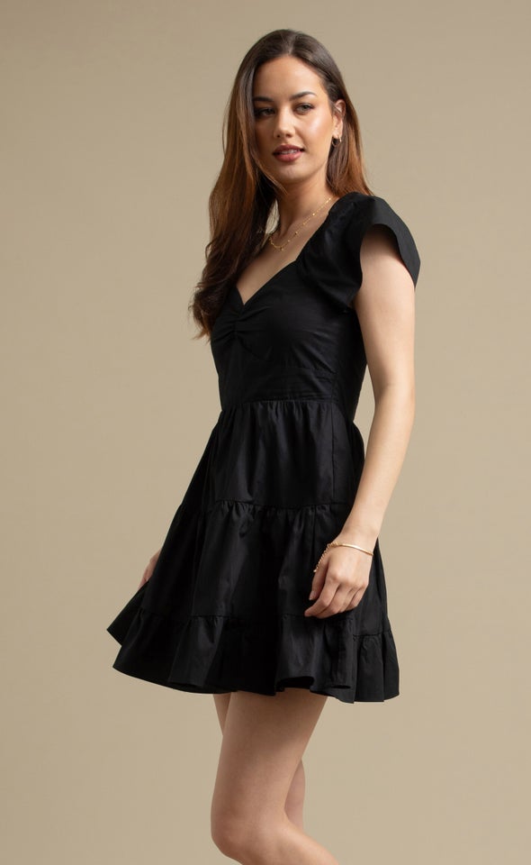 Cotton Flutter Slv Tier Dress Black