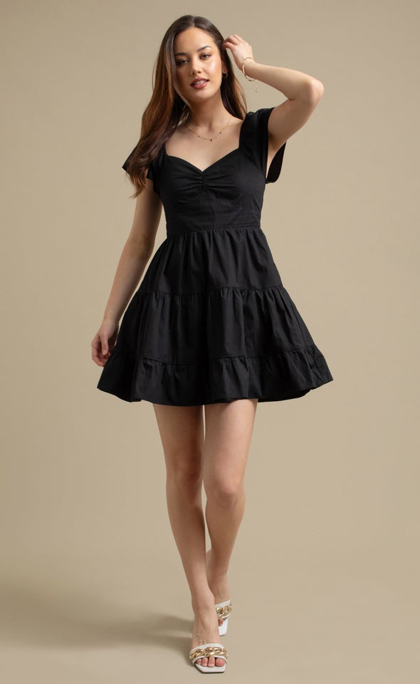 Cotton Flutter Slv Tier Dress Black