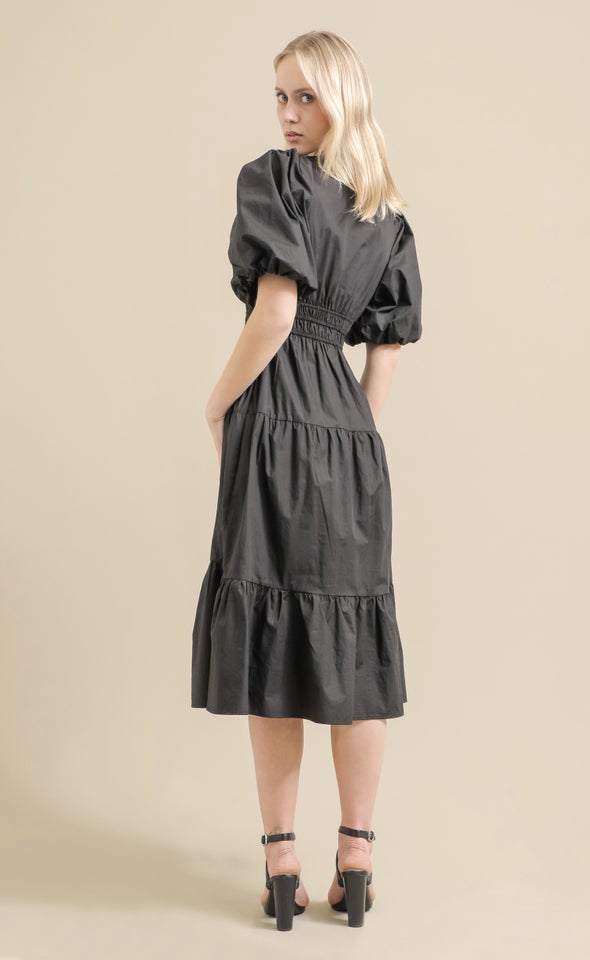 Cotton Poplin Puff Sleeve Dress Black