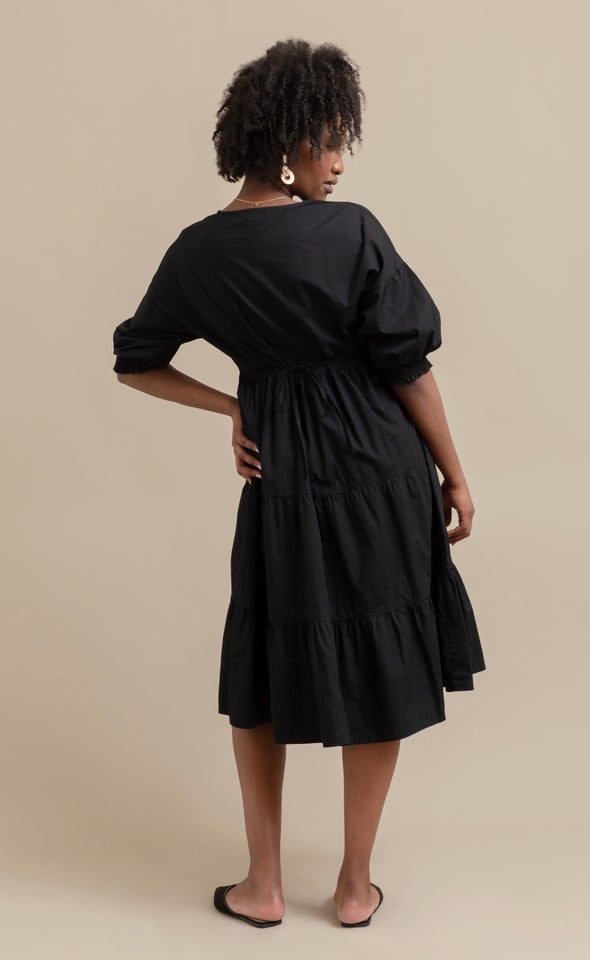 Cotton Poplin Tier Midi Dress Black