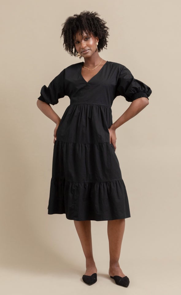 Cotton Poplin Tier Midi Dress Black