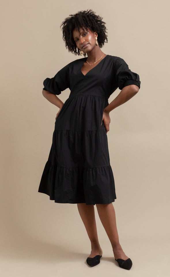 Cotton Poplin Tier Midi Dress Black