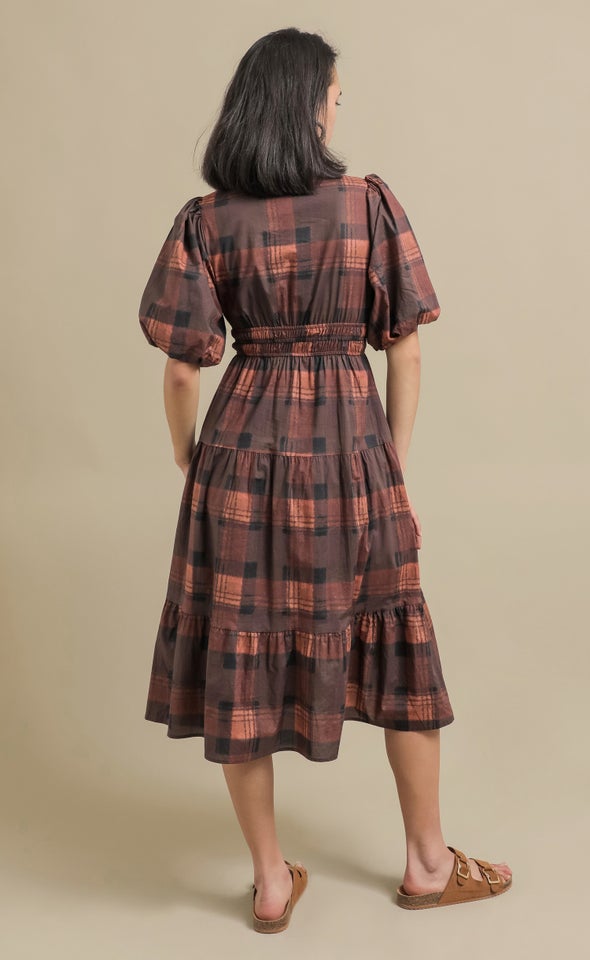 Cotton Printed Puff Sleeve Dress Chocolate/rust