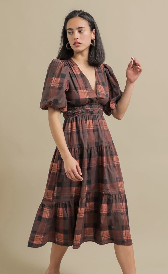 Cotton Printed Puff Sleeve Dress Chocolate/rust