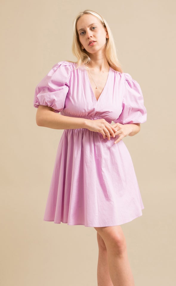 Cotton Puff Sleeve Short Dress Light Orchid