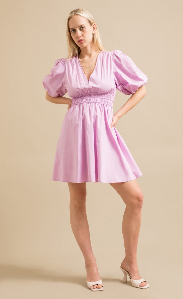 Cotton Puff Sleeve Short Dress Light Orchid