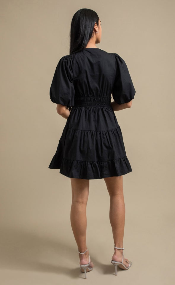 Cotton Puff Sleeve Short Tier Dress Black